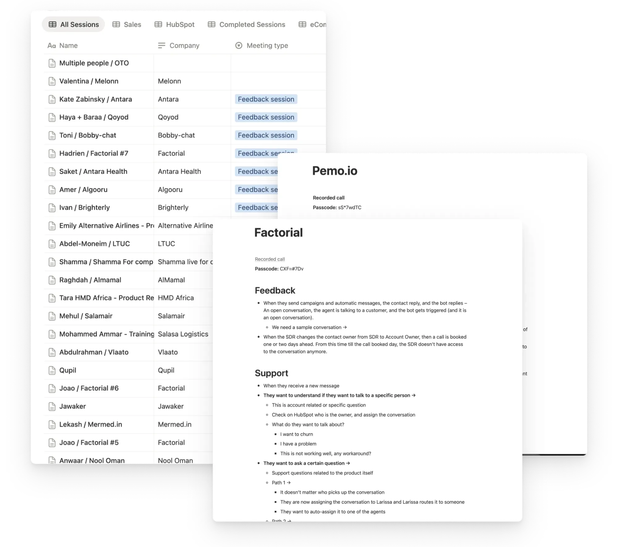 Discovery sessions tracked in Notion
