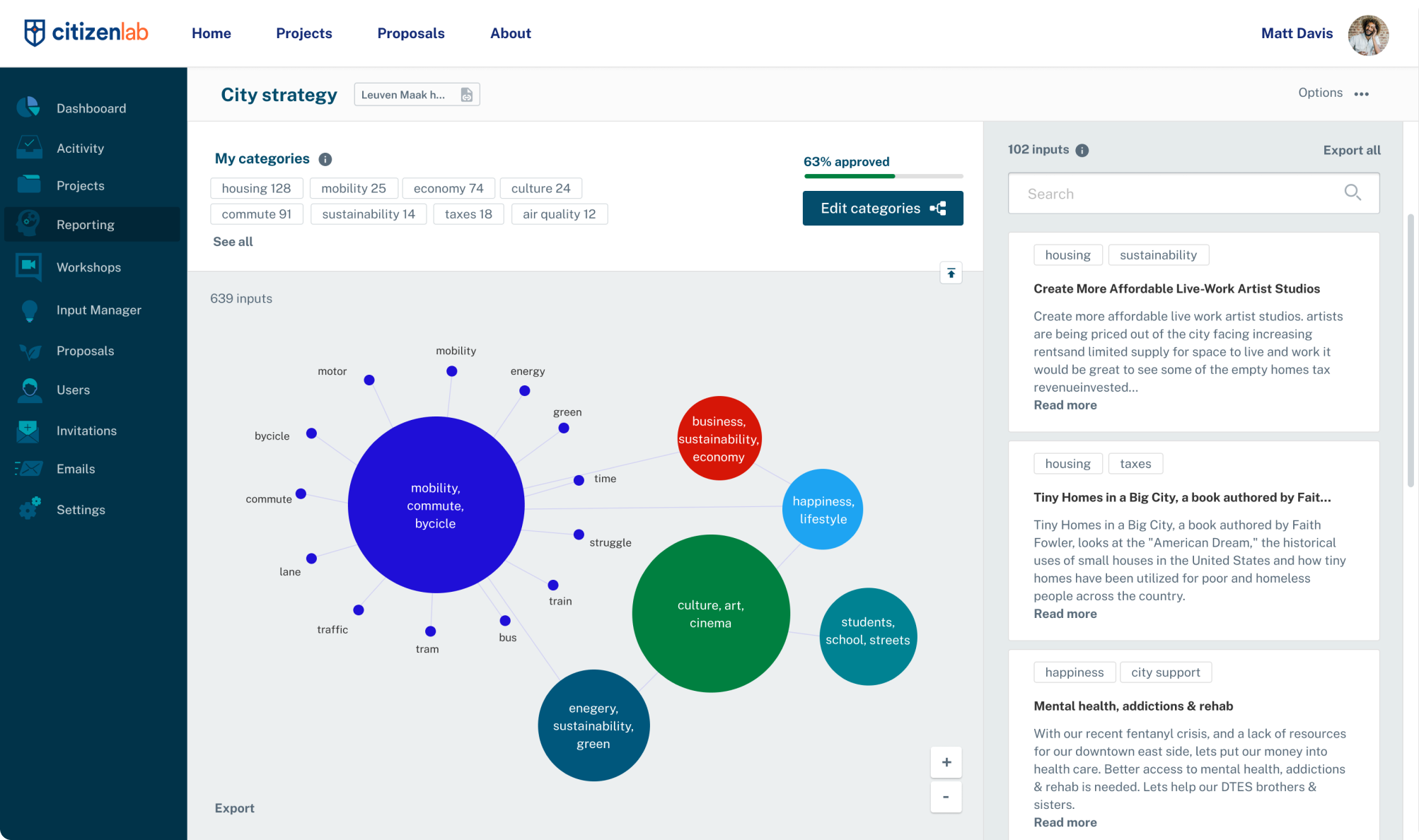 The Insights view showing input visualisation